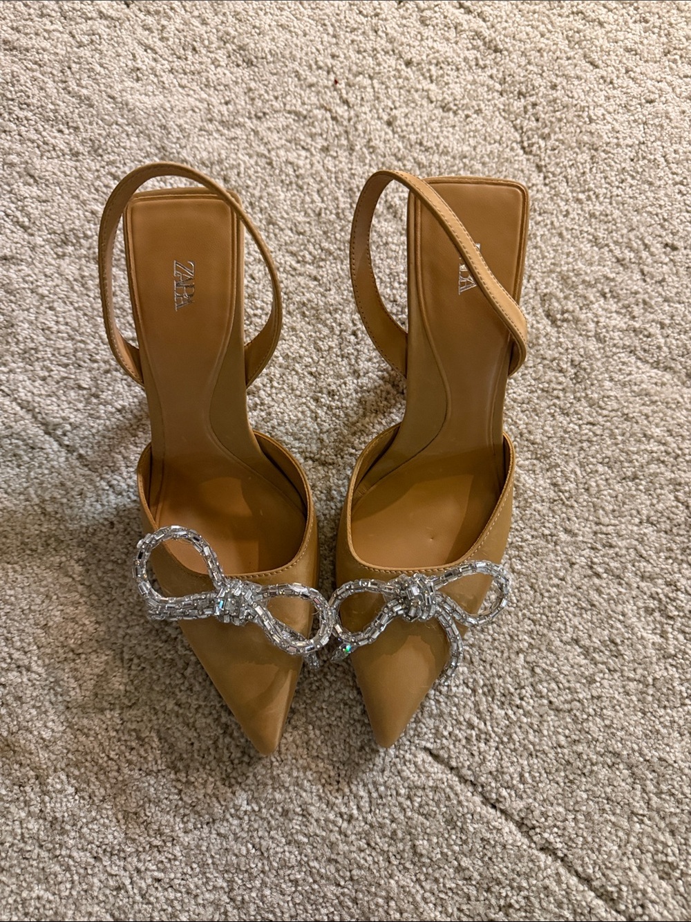 Zara Camel Slingback Pointed Heels with Crystal Bow Accent